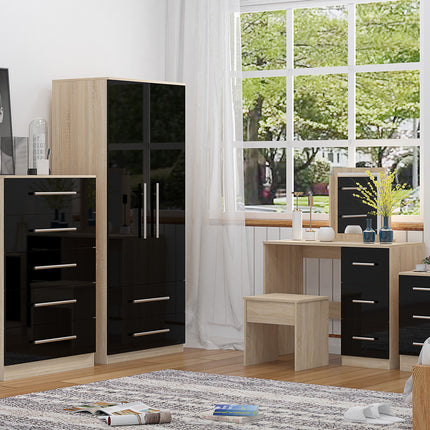 High Gloss Quattro Bedroom Black Set Wardrobe, Chest, Bedside, Dressing Table