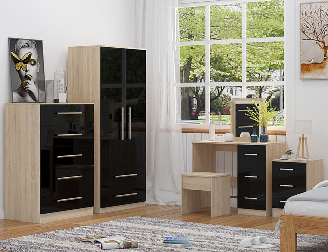 High Gloss Quattro Bedroom Black Set Wardrobe, Chest, Bedside, Dressing Table