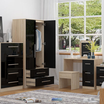 High Gloss Quattro Bedroom Black Set Wardrobe, Chest, Bedside, Dressing Table