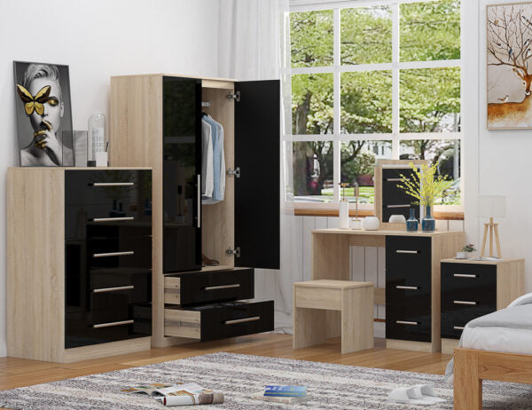 High Gloss Quattro Bedroom Black Set Wardrobe, Chest, Bedside, Dressing Table
