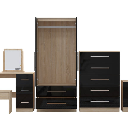 High Gloss Quattro Bedroom Black Set Wardrobe, Chest, Bedside, Dressing Table