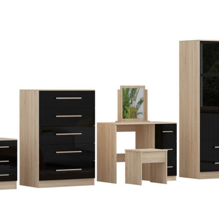 High Gloss Quattro Bedroom Black Set Wardrobe, Chest, Bedside, Dressing Table