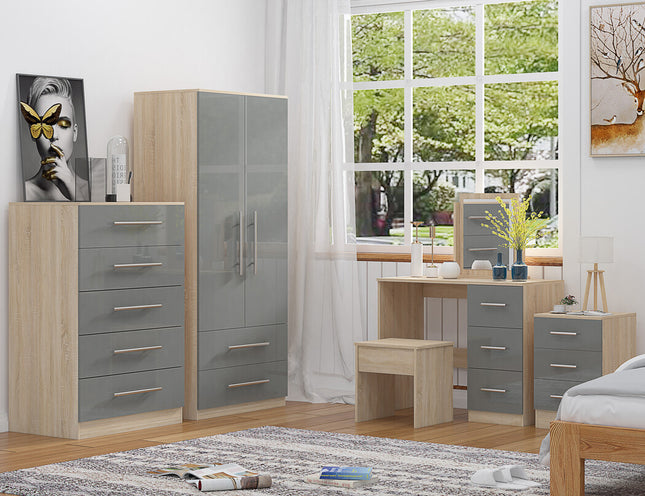 High Gloss Quattro Bedroom Grey Set Wardrobe, Chest, Bedside, Dressing Table