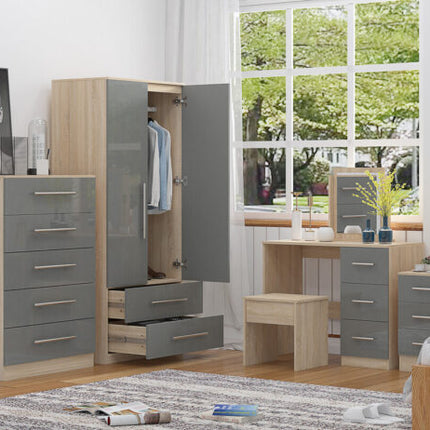 High Gloss Quattro Bedroom Grey Set Wardrobe, Chest, Bedside, Dressing Table