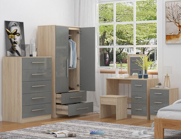 High Gloss Quattro Bedroom Grey Set Wardrobe, Chest, Bedside, Dressing Table