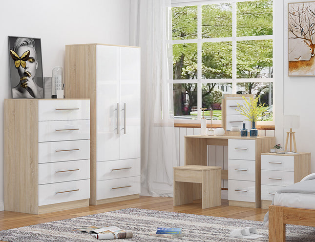 High Gloss Quattro Bedroom White Set Wardrobe, Chest, Bedside, Dressing Table