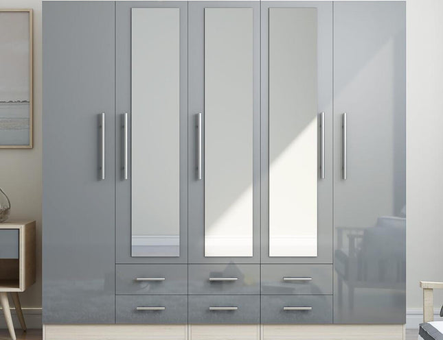 High Gloss Grey Large Wardrobe 5 Door 5 Drawers