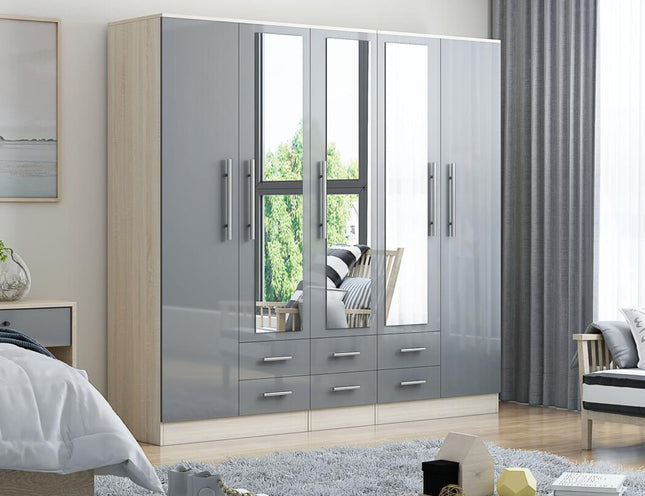 High Gloss Grey Large Wardrobe 5 Door 5 Drawers