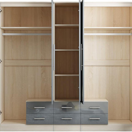 High Gloss Grey Large Wardrobe 5 Door 5 Drawers