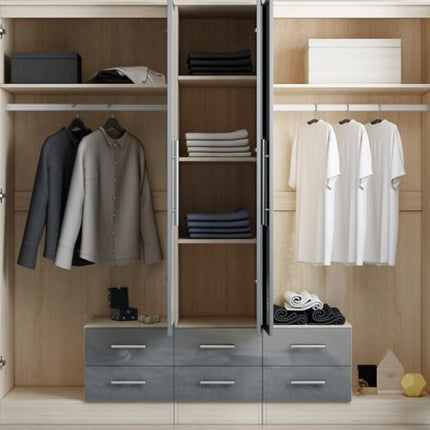 High Gloss Grey Large Wardrobe 5 Door 5 Drawers