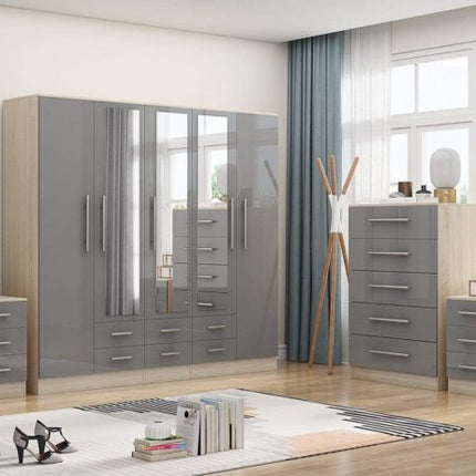 High Gloss Grey Large Wardrobe + Chest of Drawers + 2 Bed Sides