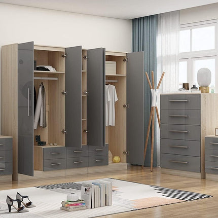 High Gloss Grey Large Wardrobe + Chest of Drawers + 2 Bed Sides