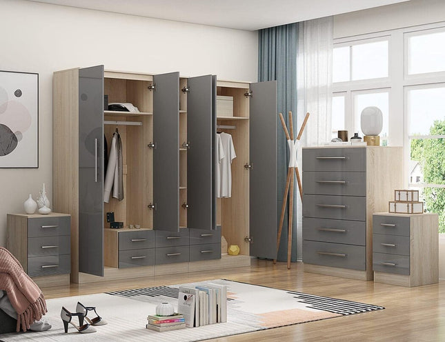 High Gloss Grey Large Wardrobe + Chest of Drawers + 2 Bed Sides