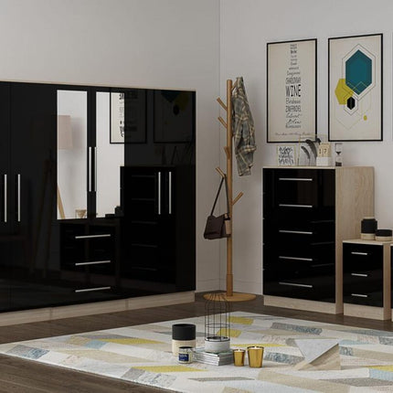 High Gloss Black Large Wardrobe – 6 Door 3 Drawers & Long Mirror + Chest Of Drawers + 2 x Bedsides