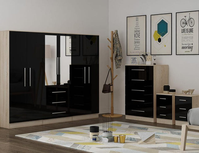 High Gloss Black Large Wardrobe – 6 Door 3 Drawers & Long Mirror + Chest Of Drawers + 2 x Bedsides