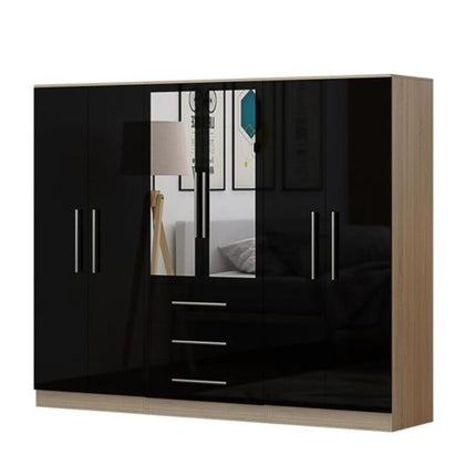 High Gloss Black Large Wardrobe – 6 Door 3 Drawers & Long Mirror + Chest Of Drawers + 2 x Bedsides