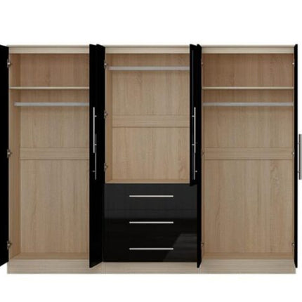 High Gloss Black Large Wardrobe – 6 Door 3 Drawers & Long Mirror + Chest Of Drawers + 2 x Bedsides