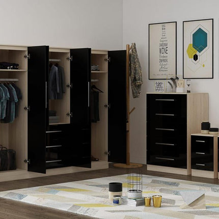 High Gloss Black Large Wardrobe – 6 Door 3 Drawers & Long Mirror + Chest Of Drawers + 2 x Bedsides
