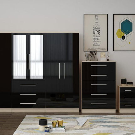 High Gloss Black Large Wardrobe – 6 Door 3 Drawers & Long Mirror + Chest Of Drawers + 2 x Bedsides