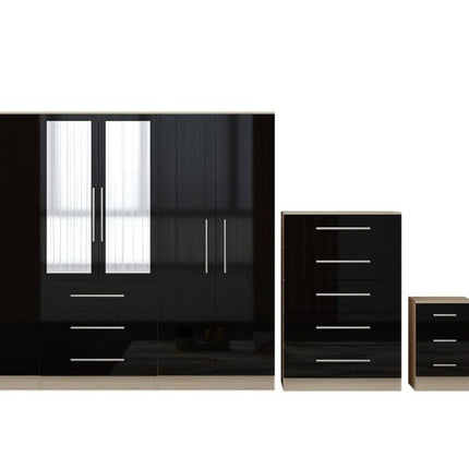 High Gloss Black Large Wardrobe – 6 Door 3 Drawers & Long Mirror + Chest Of Drawers + 2 x Bedsides