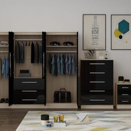 High Gloss Black Large Wardrobe – 6 Door 3 Drawers & Long Mirror + Chest Of Drawers + 2 x Bedsides