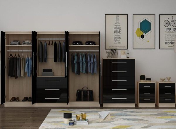 High Gloss Black Large Wardrobe – 6 Door 3 Drawers & Long Mirror + Chest Of Drawers + 2 x Bedsides