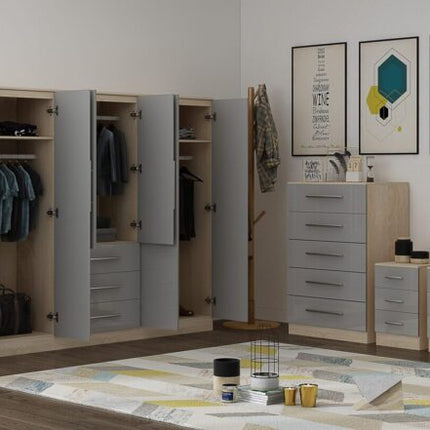 High Gloss Grey Large Wardrobe – 6 Door 3 Drawers & Long Mirror + Chest Of Drawers + 2 x Bedsides