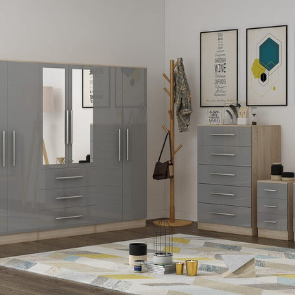 High Gloss Grey Large Wardrobe – 6 Door 3 Drawers & Long Mirror + Chest Of Drawers + 2 x Bedsides