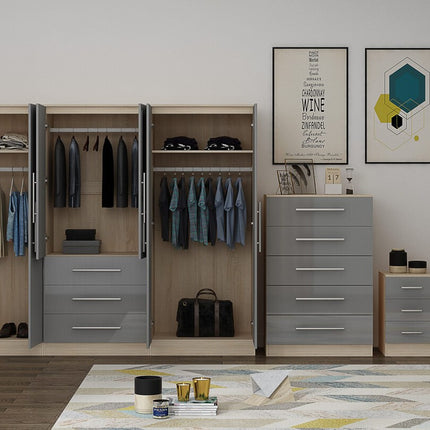 High Gloss Grey Large Wardrobe – 6 Door 3 Drawers & Long Mirror + Chest Of Drawers + 2 x Bedsides