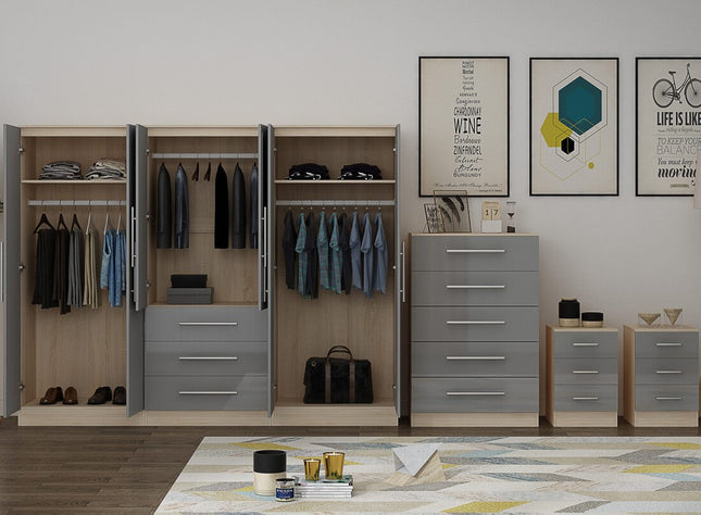 High Gloss Grey Large Wardrobe – 6 Door 3 Drawers & Long Mirror + Chest Of Drawers + 2 x Bedsides
