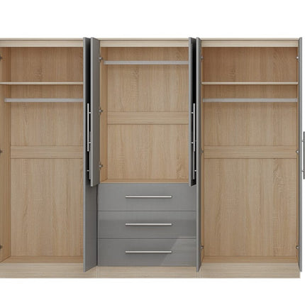 High Gloss Grey Large Wardrobe – 6 Door 3 Drawers & Long Mirror + Chest Of Drawers + 2 x Bedsides