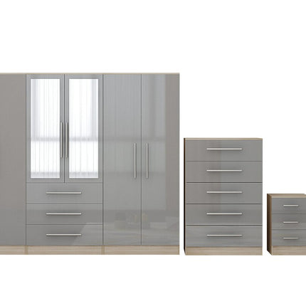 High Gloss Grey Large Wardrobe – 6 Door 3 Drawers & Long Mirror + Chest Of Drawers + 2 x Bedsides