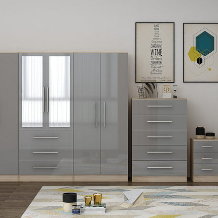High Gloss Grey Large Wardrobe – 6 Door 3 Drawers & Long Mirror + Chest Of Drawers + 2 x Bedsides