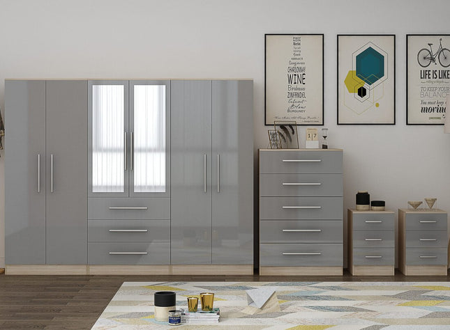High Gloss Grey Large Wardrobe – 6 Door 3 Drawers & Long Mirror + Chest Of Drawers + 2 x Bedsides