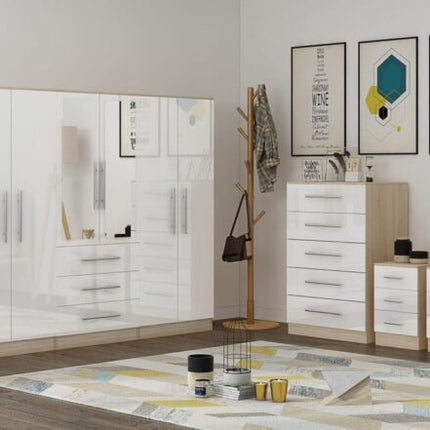 High Gloss White Large Wardrobe – 6 Door 3 Drawers & Long Mirror + Chest Of Drawers + 2 x Bedsides