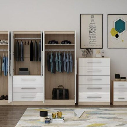 High Gloss White Large Wardrobe – 6 Door 3 Drawers & Long Mirror + Chest Of Drawers + 2 x Bedsides