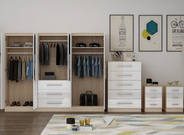 High Gloss White Large Wardrobe – 6 Door 3 Drawers & Long Mirror + Chest Of Drawers + 2 x Bedsides