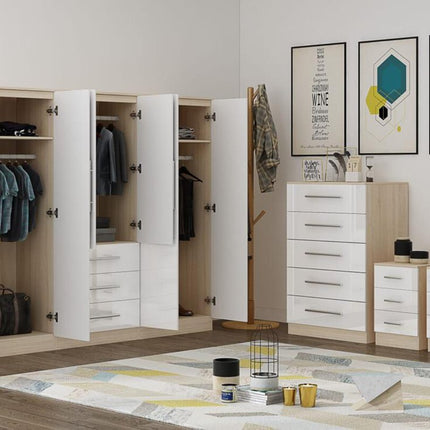High Gloss White Large Wardrobe – 6 Door 3 Drawers & Long Mirror + Chest Of Drawers + 2 x Bedsides