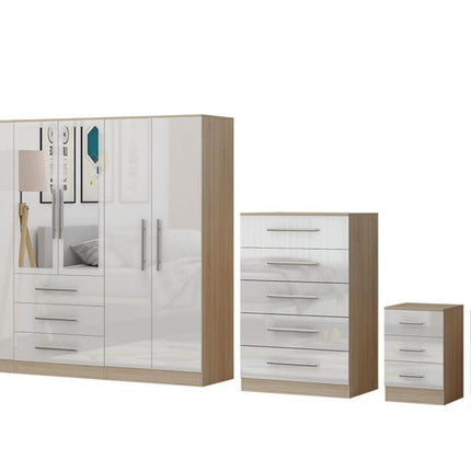 High Gloss White Large Wardrobe – 6 Door 3 Drawers & Long Mirror + Chest Of Drawers + 2 x Bedsides