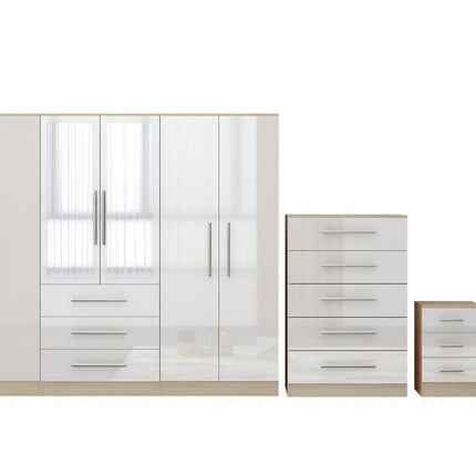 High Gloss White Large Wardrobe – 6 Door 3 Drawers & Long Mirror + Chest Of Drawers + 2 x Bedsides