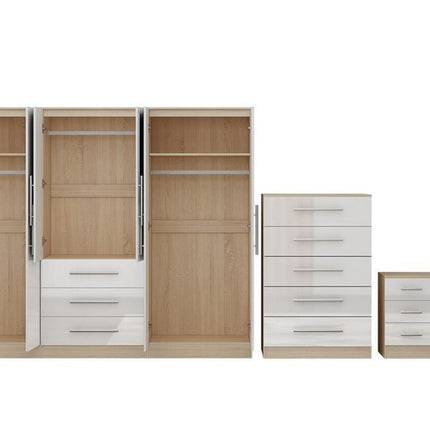 High Gloss White Large Wardrobe – 6 Door 3 Drawers & Long Mirror + Chest Of Drawers + 2 x Bedsides