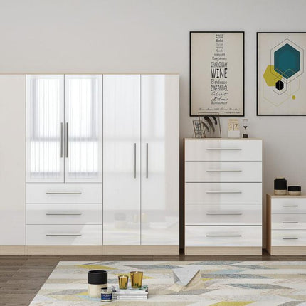 High Gloss White Large Wardrobe – 6 Door 3 Drawers & Long Mirror + Chest Of Drawers + 2 x Bedsides