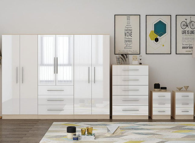High Gloss White Large Wardrobe – 6 Door 3 Drawers & Long Mirror + Chest Of Drawers + 2 x Bedsides