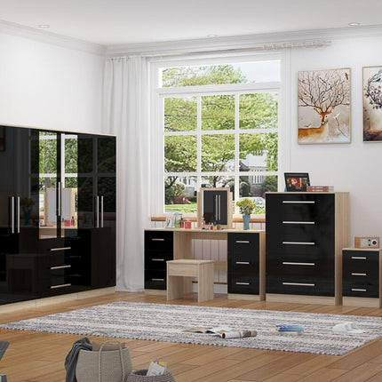High Gloss Black, 6 Door Wardrobe + Double Dresser + Chest + 2 Bedsides