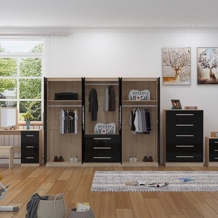 High Gloss Black, 6 Door Wardrobe + Double Dresser + Chest + 2 Bedsides
