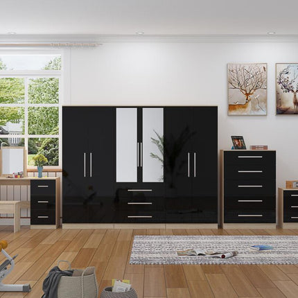 High Gloss Black, 6 Door Wardrobe + Double Dresser + Chest + 2 Bedsides