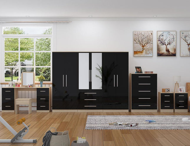 High Gloss Black, 6 Door Wardrobe + Double Dresser + Chest + 2 Bedsides