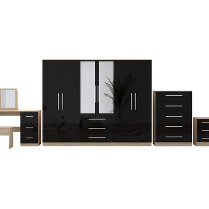 High Gloss Black, 6 Door Wardrobe + Double Dresser + Chest + 2 Bedsides