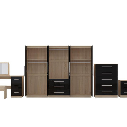High Gloss Black, 6 Door Wardrobe + Double Dresser + Chest + 2 Bedsides