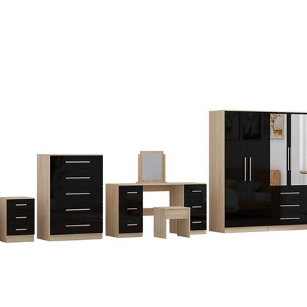 High Gloss Black, 6 Door Wardrobe + Double Dresser + Chest + 2 Bedsides